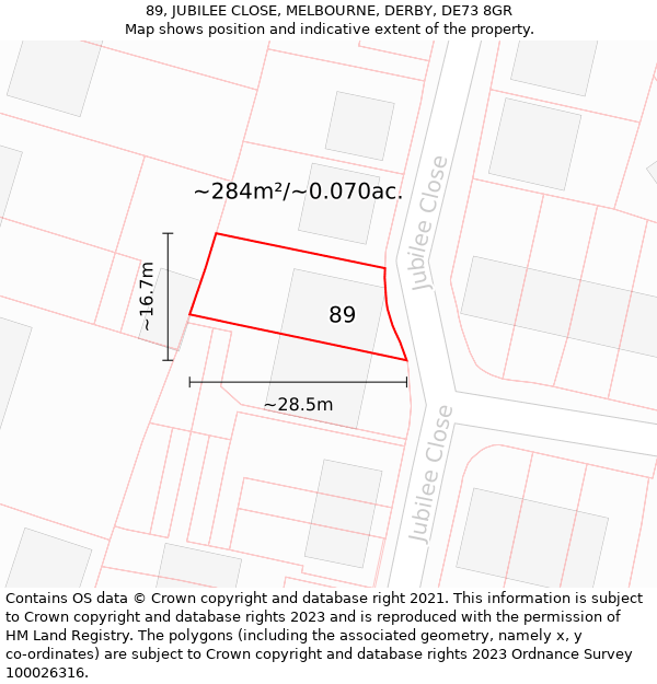 89, JUBILEE CLOSE, MELBOURNE, DERBY, DE73 8GR: Plot and title map