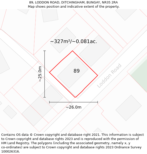 89, LODDON ROAD, DITCHINGHAM, BUNGAY, NR35 2RA: Plot and title map