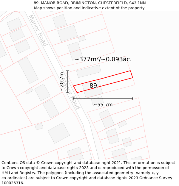 89, MANOR ROAD, BRIMINGTON, CHESTERFIELD, S43 1NN: Plot and title map