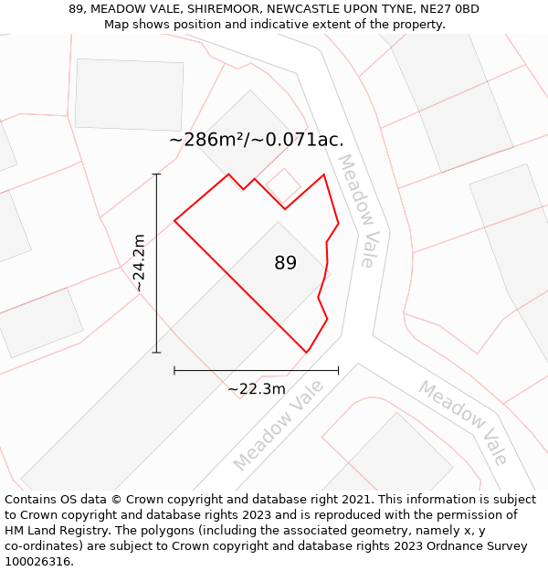 89, MEADOW VALE, SHIREMOOR, NEWCASTLE UPON TYNE, NE27 0BD: Plot and title map