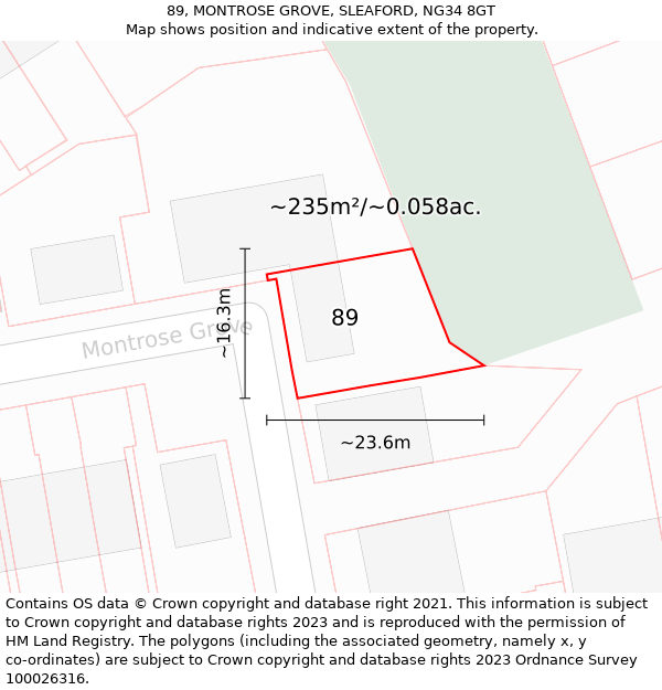 89, MONTROSE GROVE, SLEAFORD, NG34 8GT: Plot and title map