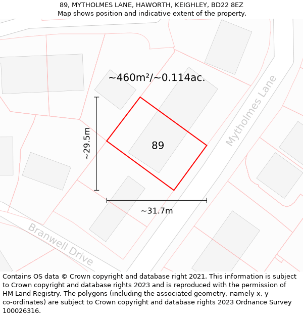 89, MYTHOLMES LANE, HAWORTH, KEIGHLEY, BD22 8EZ: Plot and title map