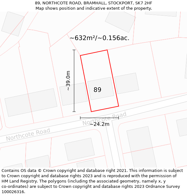 89, NORTHCOTE ROAD, BRAMHALL, STOCKPORT, SK7 2HF: Plot and title map