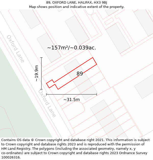 89, OXFORD LANE, HALIFAX, HX3 9BJ: Plot and title map