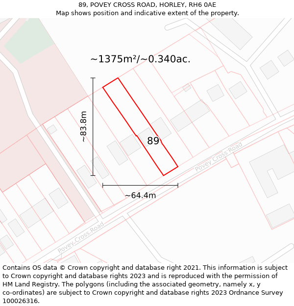 89, POVEY CROSS ROAD, HORLEY, RH6 0AE: Plot and title map