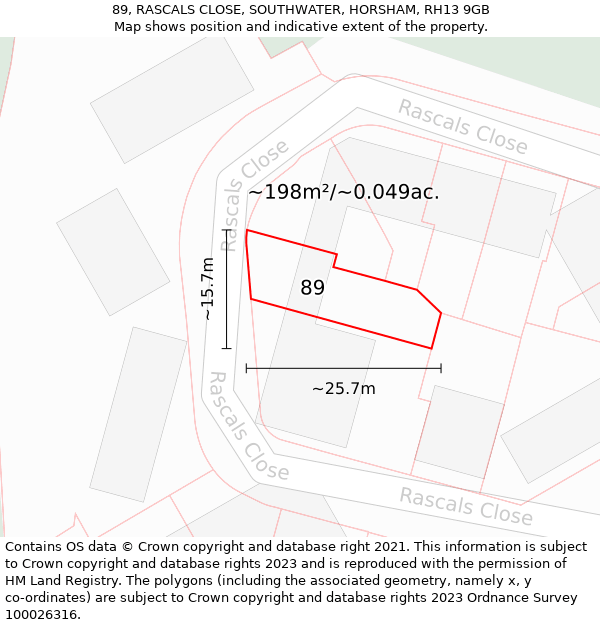 89, RASCALS CLOSE, SOUTHWATER, HORSHAM, RH13 9GB: Plot and title map