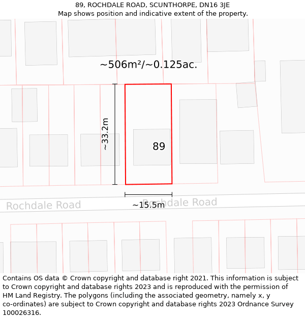 89, ROCHDALE ROAD, SCUNTHORPE, DN16 3JE: Plot and title map