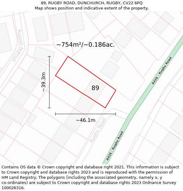 89, RUGBY ROAD, DUNCHURCH, RUGBY, CV22 6PQ: Plot and title map