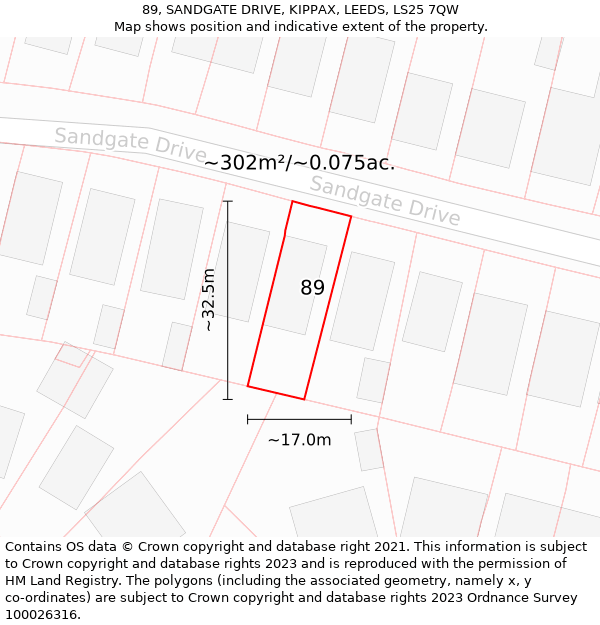 89, SANDGATE DRIVE, KIPPAX, LEEDS, LS25 7QW: Plot and title map