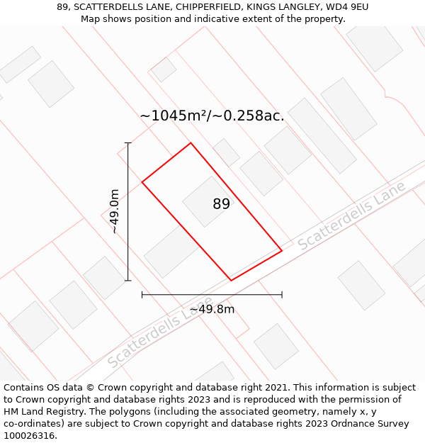 89, SCATTERDELLS LANE, CHIPPERFIELD, KINGS LANGLEY, WD4 9EU: Plot and title map