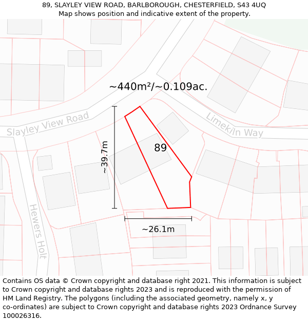 89, SLAYLEY VIEW ROAD, BARLBOROUGH, CHESTERFIELD, S43 4UQ: Plot and title map