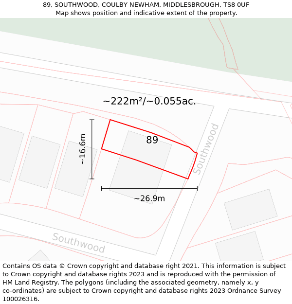 89, SOUTHWOOD, COULBY NEWHAM, MIDDLESBROUGH, TS8 0UF: Plot and title map