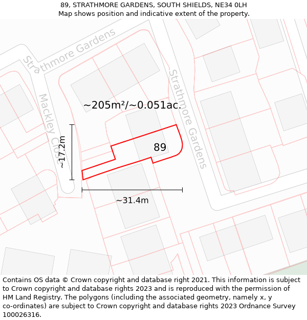 89, STRATHMORE GARDENS, SOUTH SHIELDS, NE34 0LH: Plot and title map