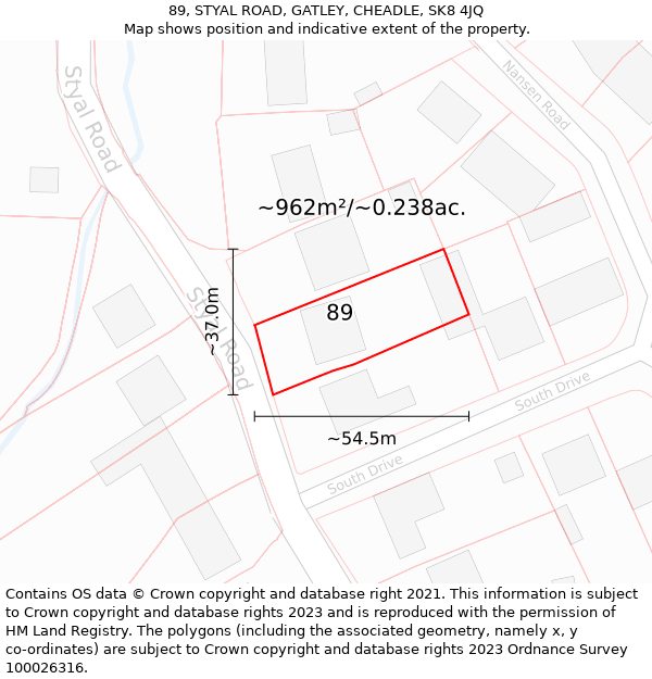 89, STYAL ROAD, GATLEY, CHEADLE, SK8 4JQ: Plot and title map