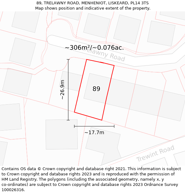 89, TRELAWNY ROAD, MENHENIOT, LISKEARD, PL14 3TS: Plot and title map