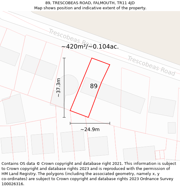 89, TRESCOBEAS ROAD, FALMOUTH, TR11 4JD: Plot and title map