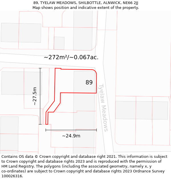 89, TYELAW MEADOWS, SHILBOTTLE, ALNWICK, NE66 2JJ: Plot and title map