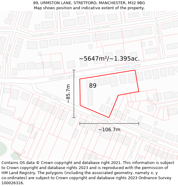 89, URMSTON LANE, STRETFORD, MANCHESTER, M32 9BG: Plot and title map