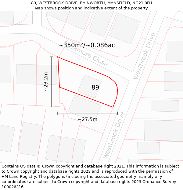 89, WESTBROOK DRIVE, RAINWORTH, MANSFIELD, NG21 0FH: Plot and title map