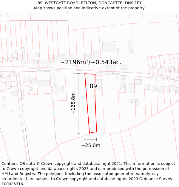 89, WESTGATE ROAD, BELTON, DONCASTER, DN9 1PY: Plot and title map