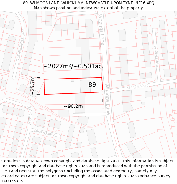 89, WHAGGS LANE, WHICKHAM, NEWCASTLE UPON TYNE, NE16 4PQ: Plot and title map