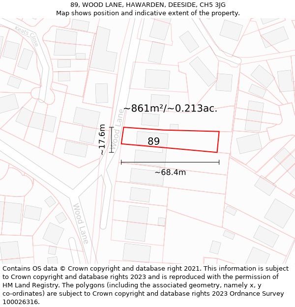 89, WOOD LANE, HAWARDEN, DEESIDE, CH5 3JG: Plot and title map