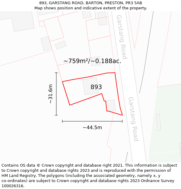 893, GARSTANG ROAD, BARTON, PRESTON, PR3 5AB: Plot and title map