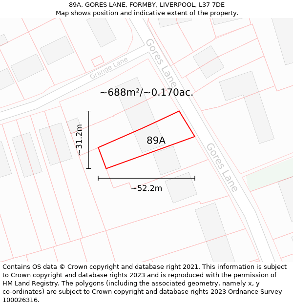 89A, GORES LANE, FORMBY, LIVERPOOL, L37 7DE: Plot and title map