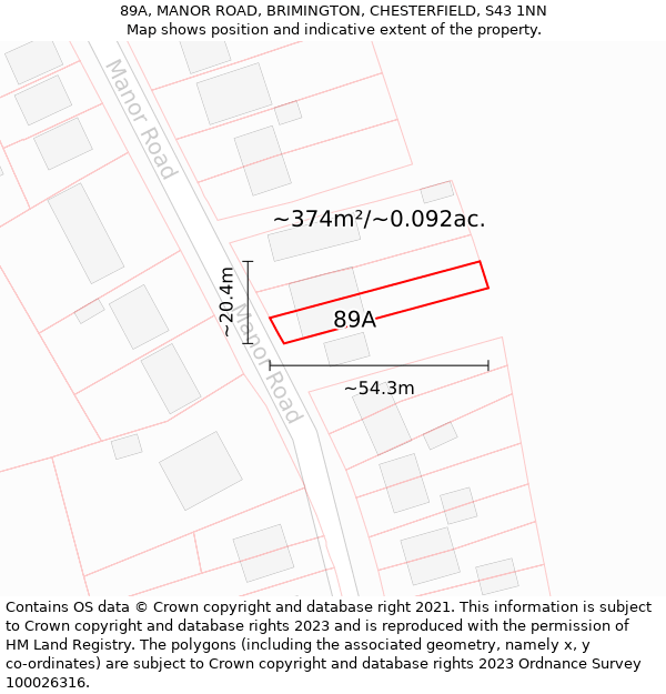 89A, MANOR ROAD, BRIMINGTON, CHESTERFIELD, S43 1NN: Plot and title map