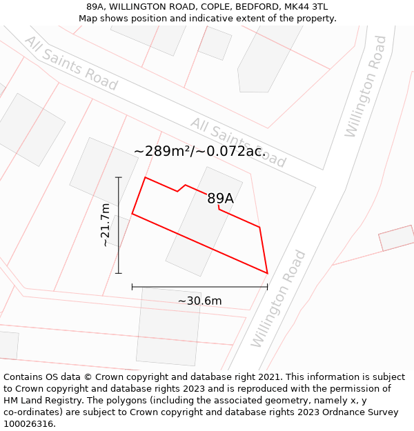 89A, WILLINGTON ROAD, COPLE, BEDFORD, MK44 3TL: Plot and title map