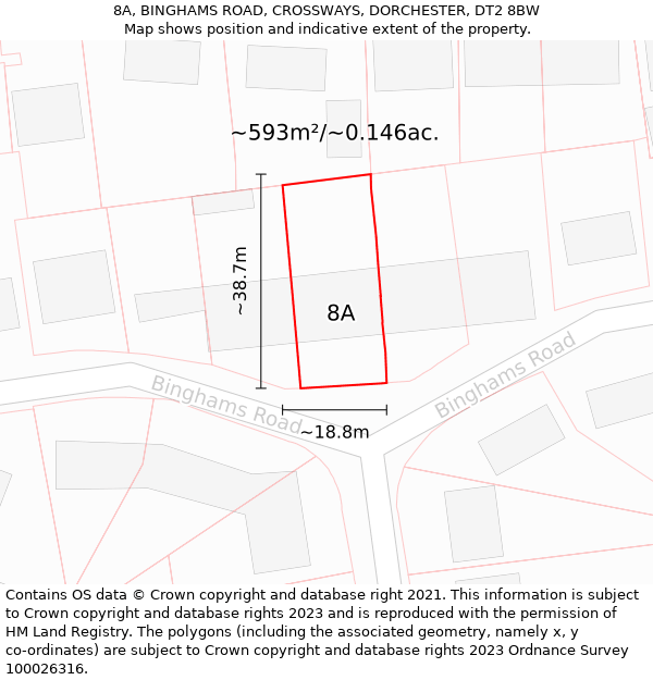 8A, BINGHAMS ROAD, CROSSWAYS, DORCHESTER, DT2 8BW: Plot and title map