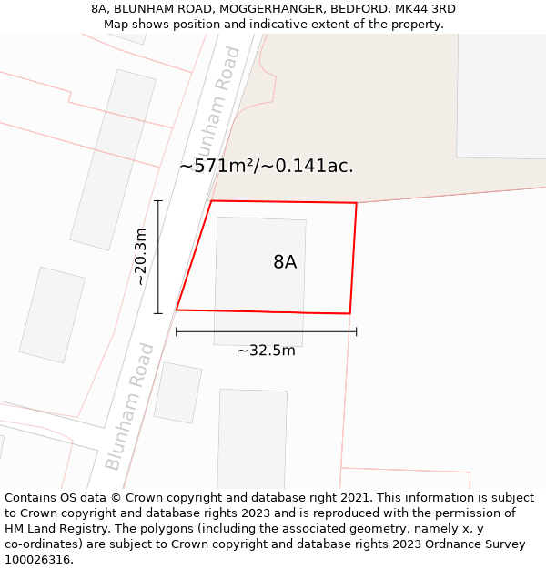 8A, BLUNHAM ROAD, MOGGERHANGER, BEDFORD, MK44 3RD: Plot and title map