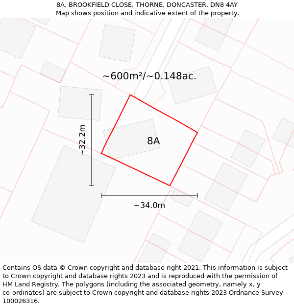 8A, BROOKFIELD CLOSE, THORNE, DONCASTER, DN8 4AY: Plot and title map