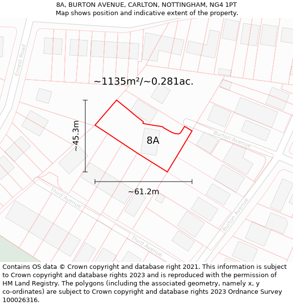 8A, BURTON AVENUE, CARLTON, NOTTINGHAM, NG4 1PT: Plot and title map