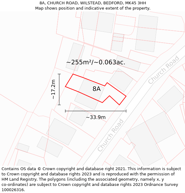 8A, CHURCH ROAD, WILSTEAD, BEDFORD, MK45 3HH: Plot and title map