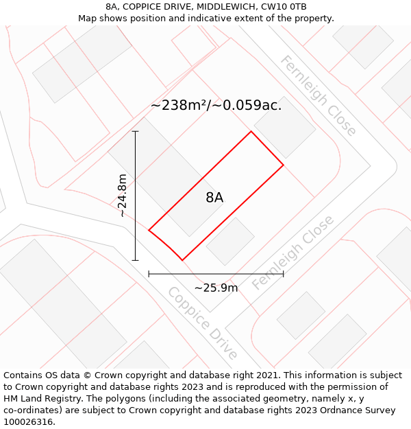 8A, COPPICE DRIVE, MIDDLEWICH, CW10 0TB: Plot and title map