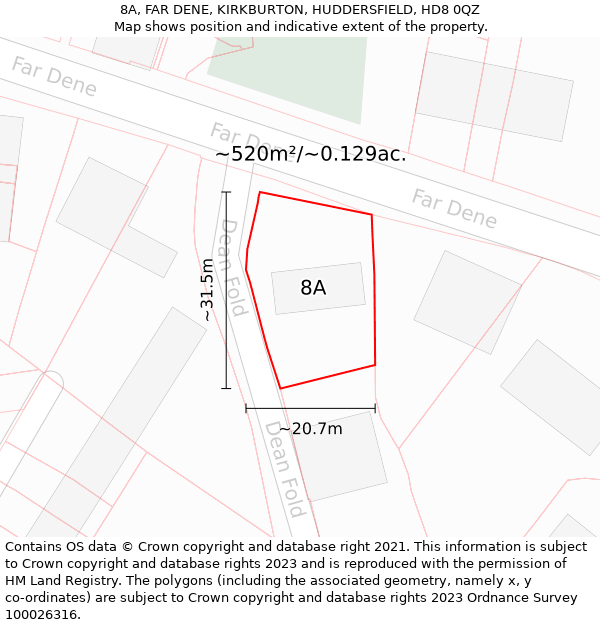 8A, FAR DENE, KIRKBURTON, HUDDERSFIELD, HD8 0QZ: Plot and title map