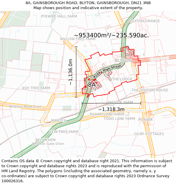 8A, GAINSBOROUGH ROAD, BLYTON, GAINSBOROUGH, DN21 3NB: Plot and title map