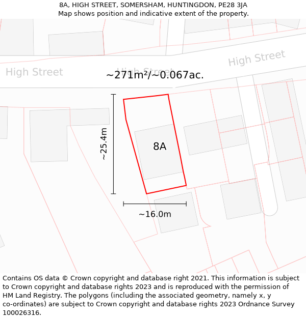 8A, HIGH STREET, SOMERSHAM, HUNTINGDON, PE28 3JA: Plot and title map