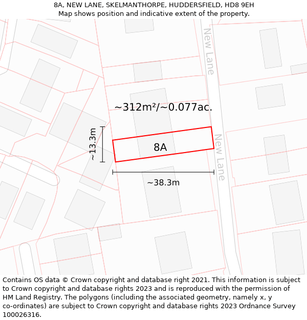 8A, NEW LANE, SKELMANTHORPE, HUDDERSFIELD, HD8 9EH: Plot and title map