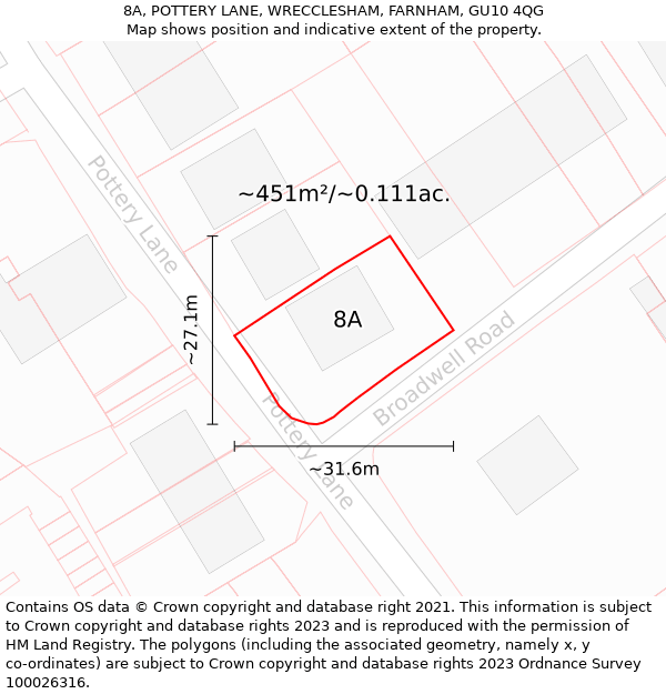 8A, POTTERY LANE, WRECCLESHAM, FARNHAM, GU10 4QG: Plot and title map