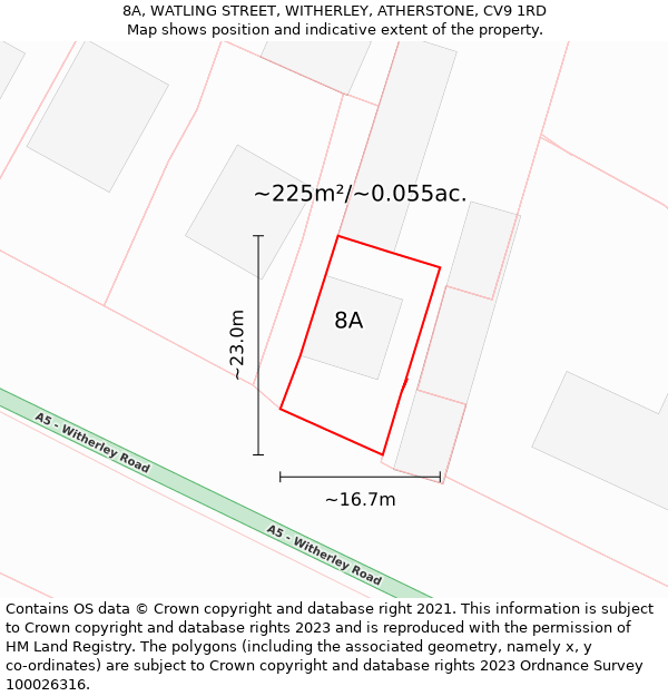 8A, WATLING STREET, WITHERLEY, ATHERSTONE, CV9 1RD: Plot and title map