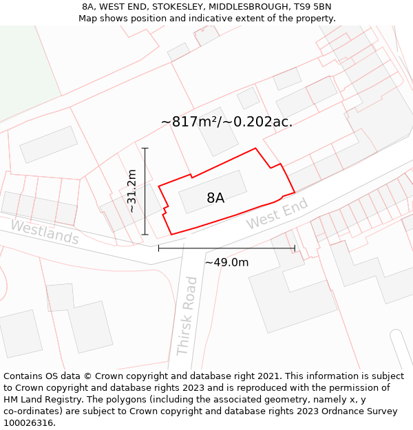 8A, WEST END, STOKESLEY, MIDDLESBROUGH, TS9 5BN: Plot and title map