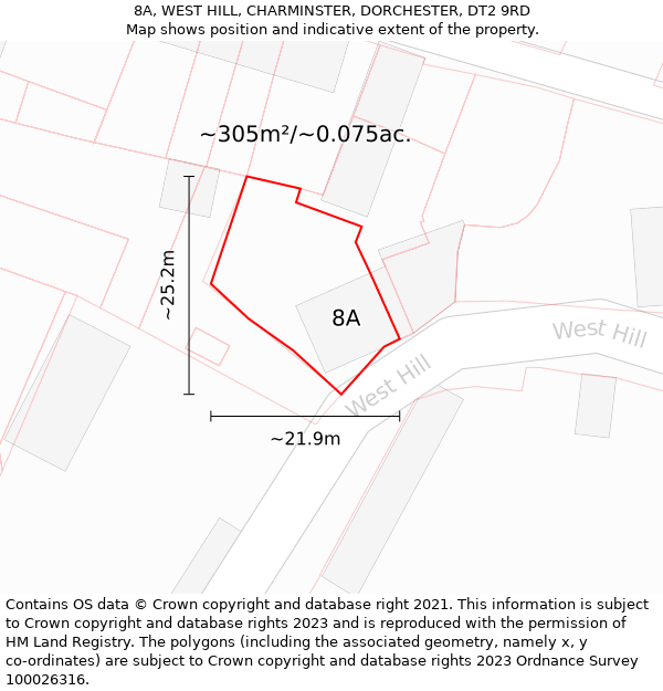 8A, WEST HILL, CHARMINSTER, DORCHESTER, DT2 9RD: Plot and title map