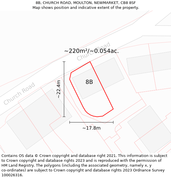 8B, CHURCH ROAD, MOULTON, NEWMARKET, CB8 8SF: Plot and title map