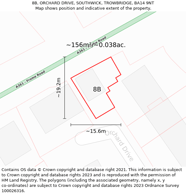 8B, ORCHARD DRIVE, SOUTHWICK, TROWBRIDGE, BA14 9NT: Plot and title map