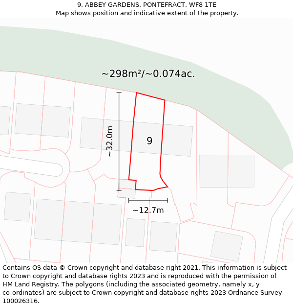 9, ABBEY GARDENS, PONTEFRACT, WF8 1TE: Plot and title map