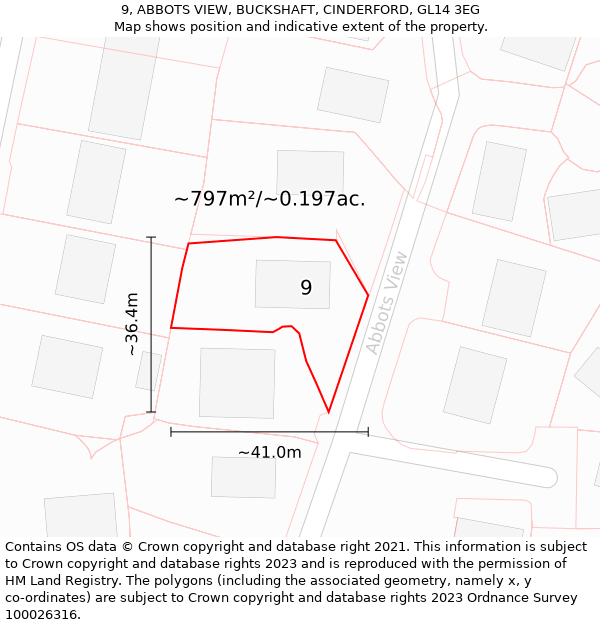 9, ABBOTS VIEW, BUCKSHAFT, CINDERFORD, GL14 3EG: Plot and title map