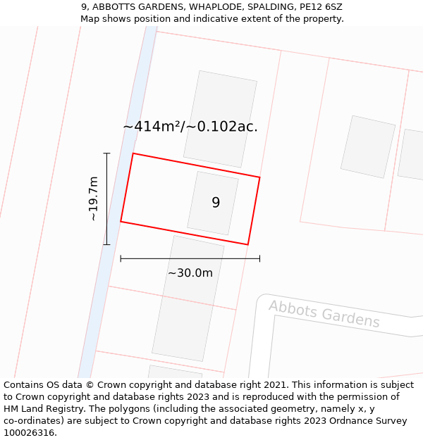 9, ABBOTTS GARDENS, WHAPLODE, SPALDING, PE12 6SZ: Plot and title map