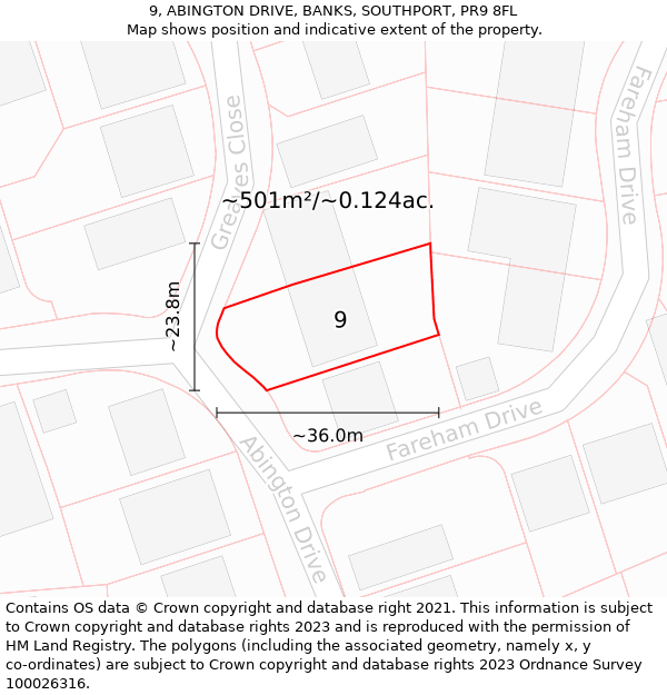 9, ABINGTON DRIVE, BANKS, SOUTHPORT, PR9 8FL: Plot and title map